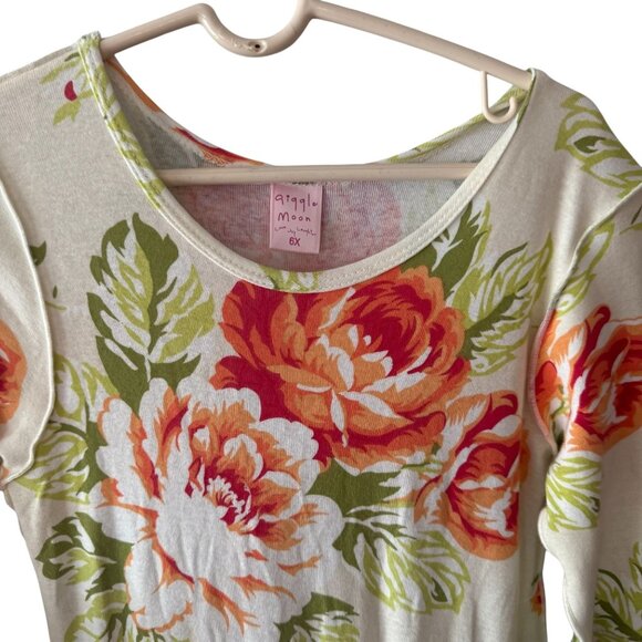 Floral Giggle Moon Girls Dress With Green Ruffled Hem & Sleeves Rosette Size 6X - Picture 3 of 6